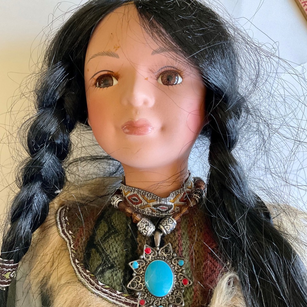 VTG Native American Porcelain Doll 16" Faux Fur Turquoise Pendant Southwest Deco - Picture 4 of 12